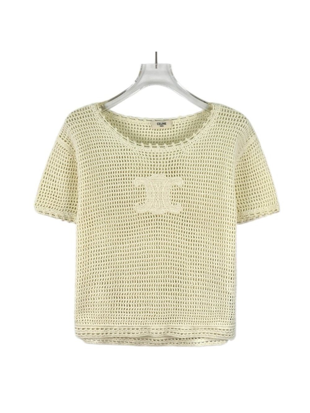 Celine Beige Triomphe Embroidered Mesh Cotton Knit Top